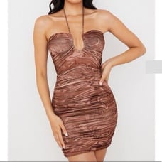House Of CB ‘Letitia’ Cocoa Brown Swirl Halter Ruched Bodycon Dress XS New
