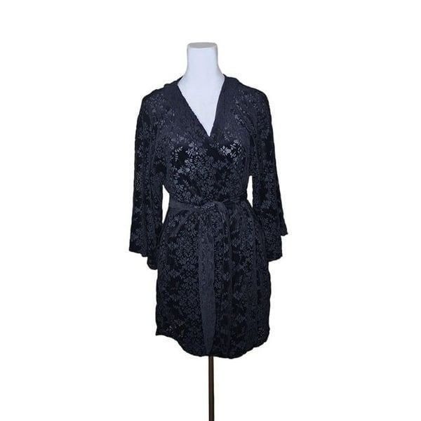 INC Short Kimono Robe Burnout Velvet Womens Size S Black Pockets