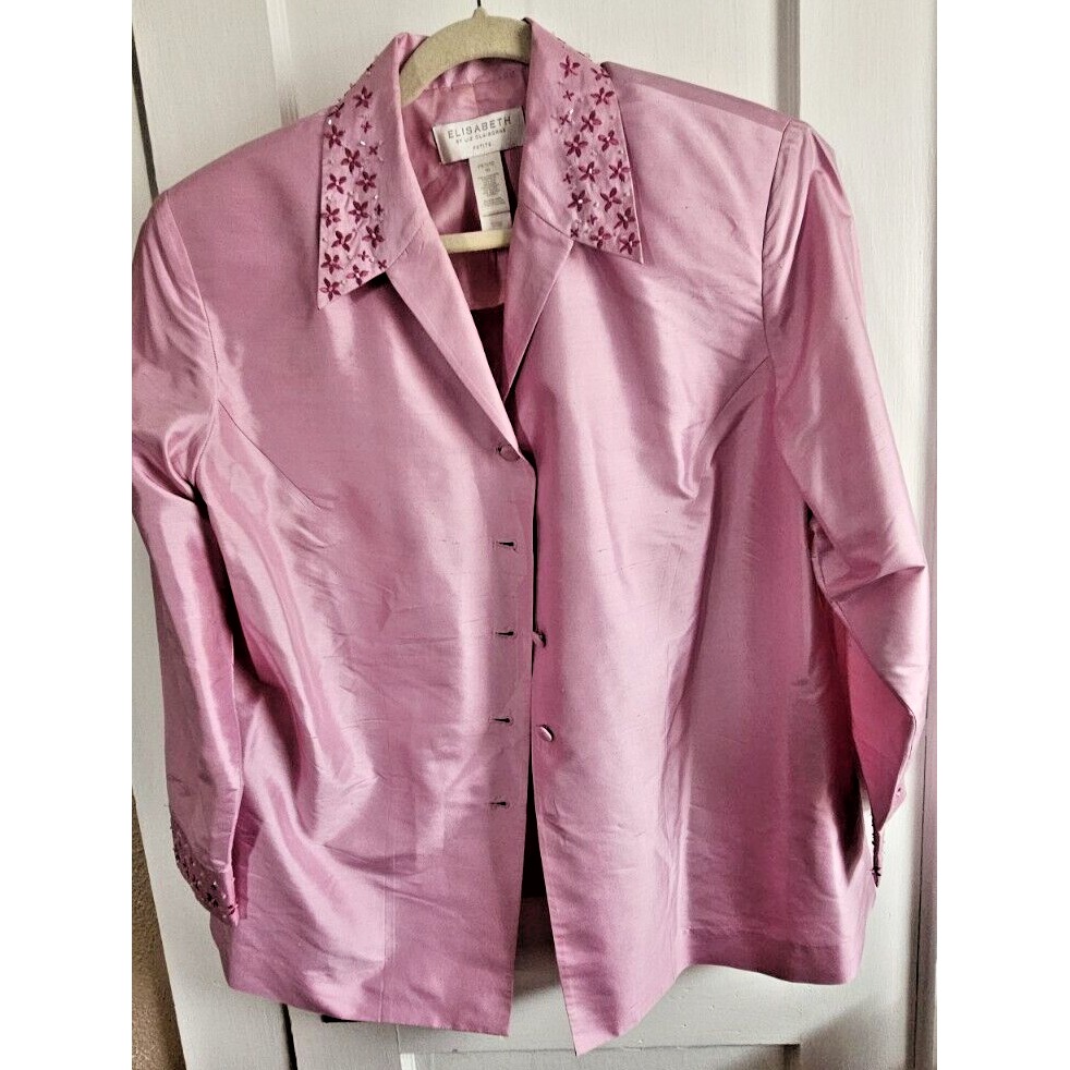 Elisabeth by Liz Claiborne petite 16 Silk pink embroidery floral button shirt