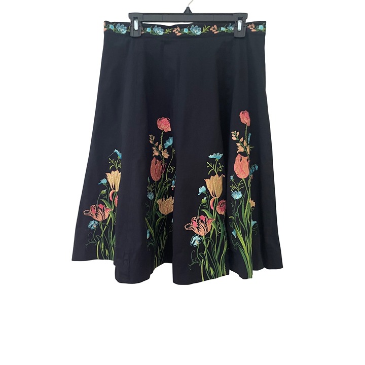 Persaman New York Black Retro boho Aline Skirt Floral Embroidery Size 12 vintage