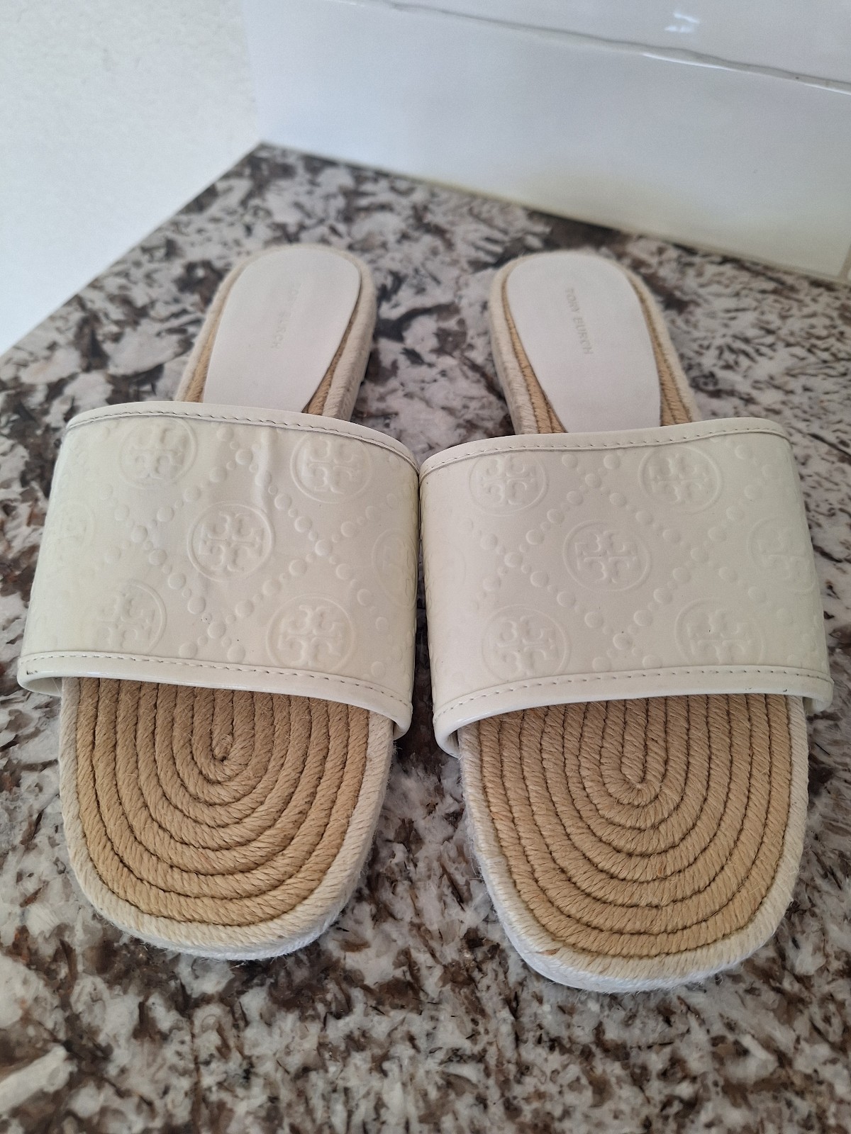 White Tory Burch Slides Multi Logo Leather Slide Sandal Flat White Size 10.5