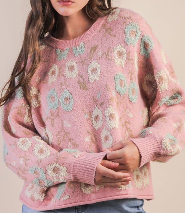 NWT New In mauve crew neck Sweater with flowers. Size L