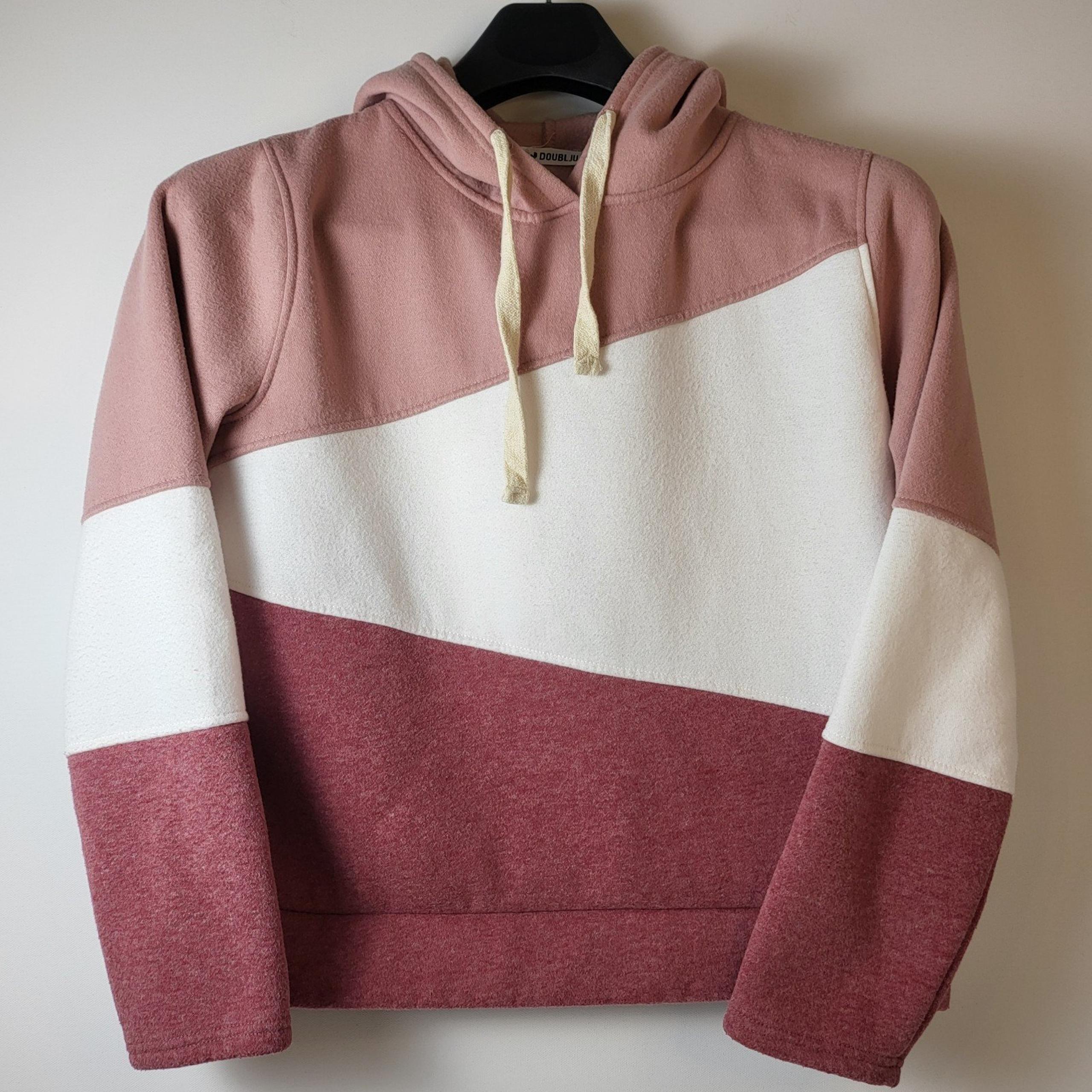 DOUBLJU Color Block Hoodie Sweatshirt Pink & White Casual Pullover Women XLarge