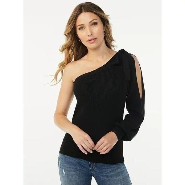 NWT Sofia Jeans by Sofia Vergara Black Knit One Shoulder Sweater Size L