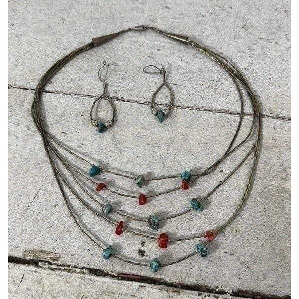 Vintage Sterling Layered Necklace With Turquoise Chunk Accents With Earrings