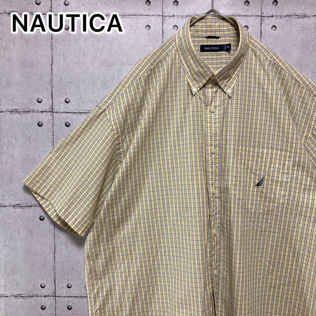 Nautica Check Embroidered Logo BD Shirt, Short Sleeve, Yellow, Oversized 2XL