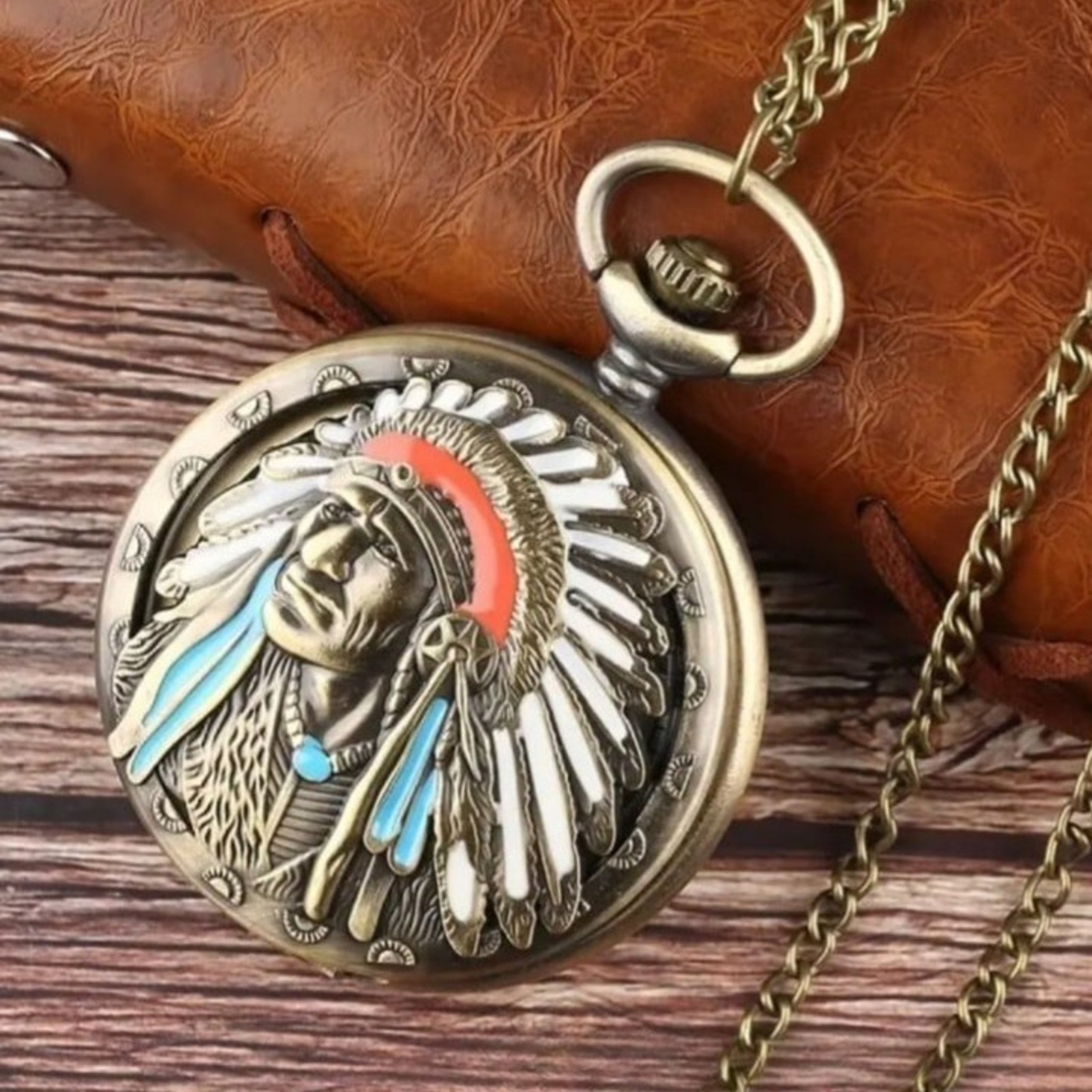 Native American Pocket Watch Gold Indian Chief Turquoise Christmas Birthday Gift
