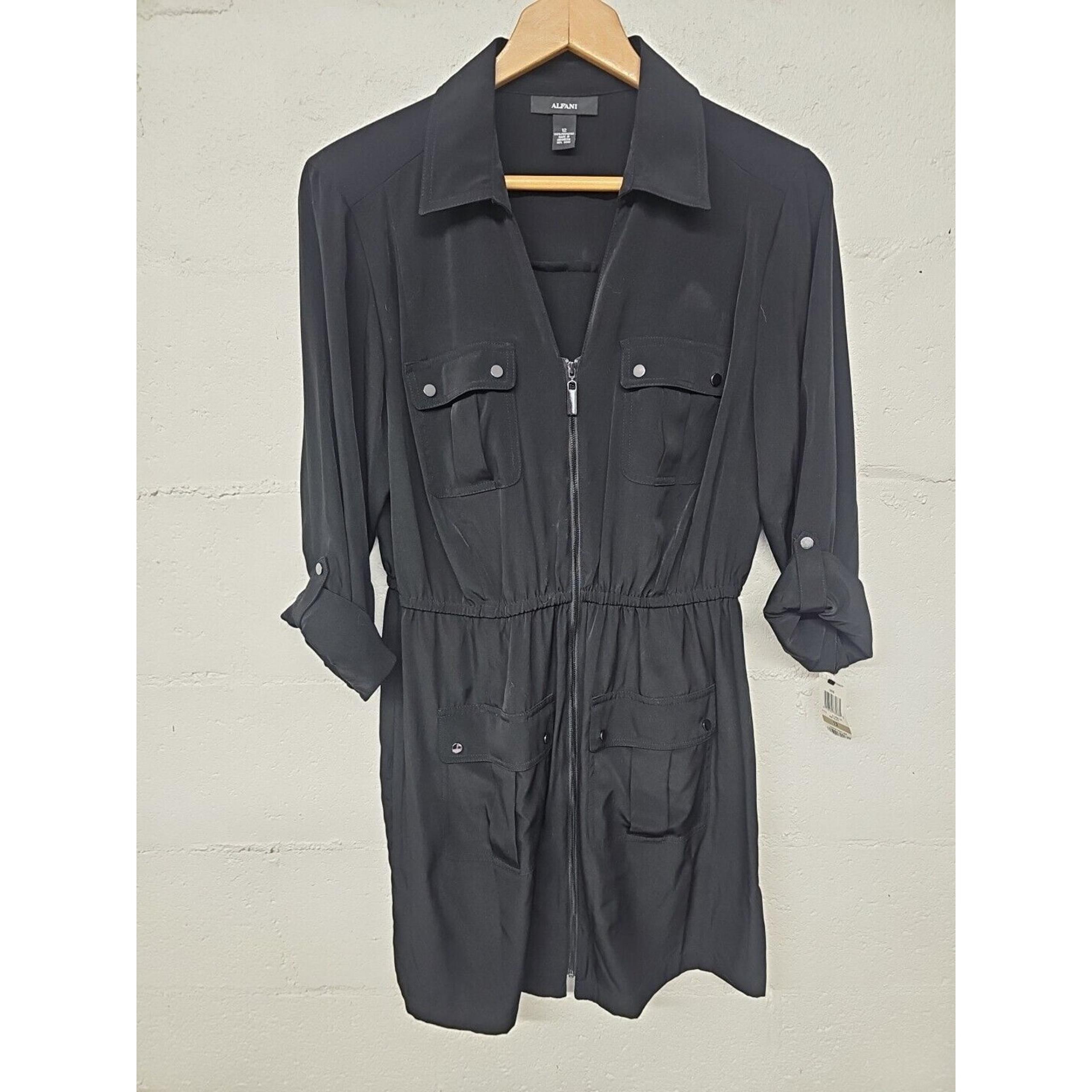 Alfanis Womens Black Cargo Shirt Dress Size 12 Zip Front Utility Satin Feel NWT