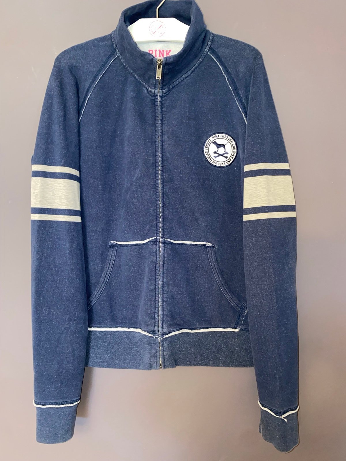 VS PINK VINTAGE Y2K DOG PUP PATCH LOGO NAVY BLUE FULL ZIP JACKET SWEATSHIRT RARE