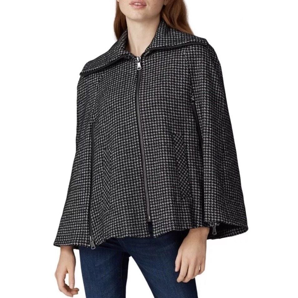 Nanette Lepore Women's Wool Blend Houndstooth Cape Size 2 Oversized Black Gray