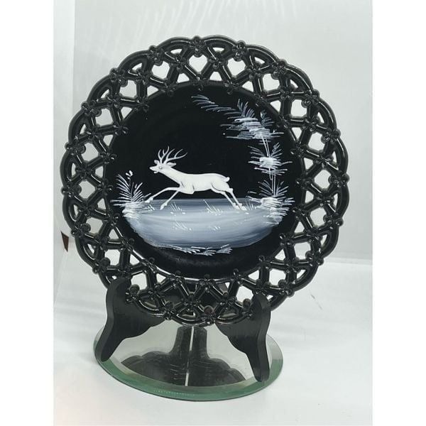 Westmoreland Black Glass Mary Gregory Winter Scene Deer Hand Painted Plate 8 1/2