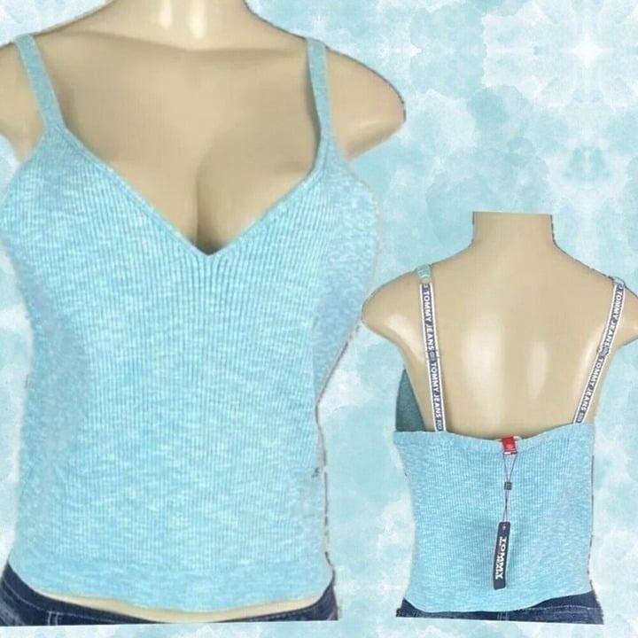 Tommy Jeans Jrs XL Logo Teal Heather Ribbed V-Neckline Crop Sweater Camisole Top