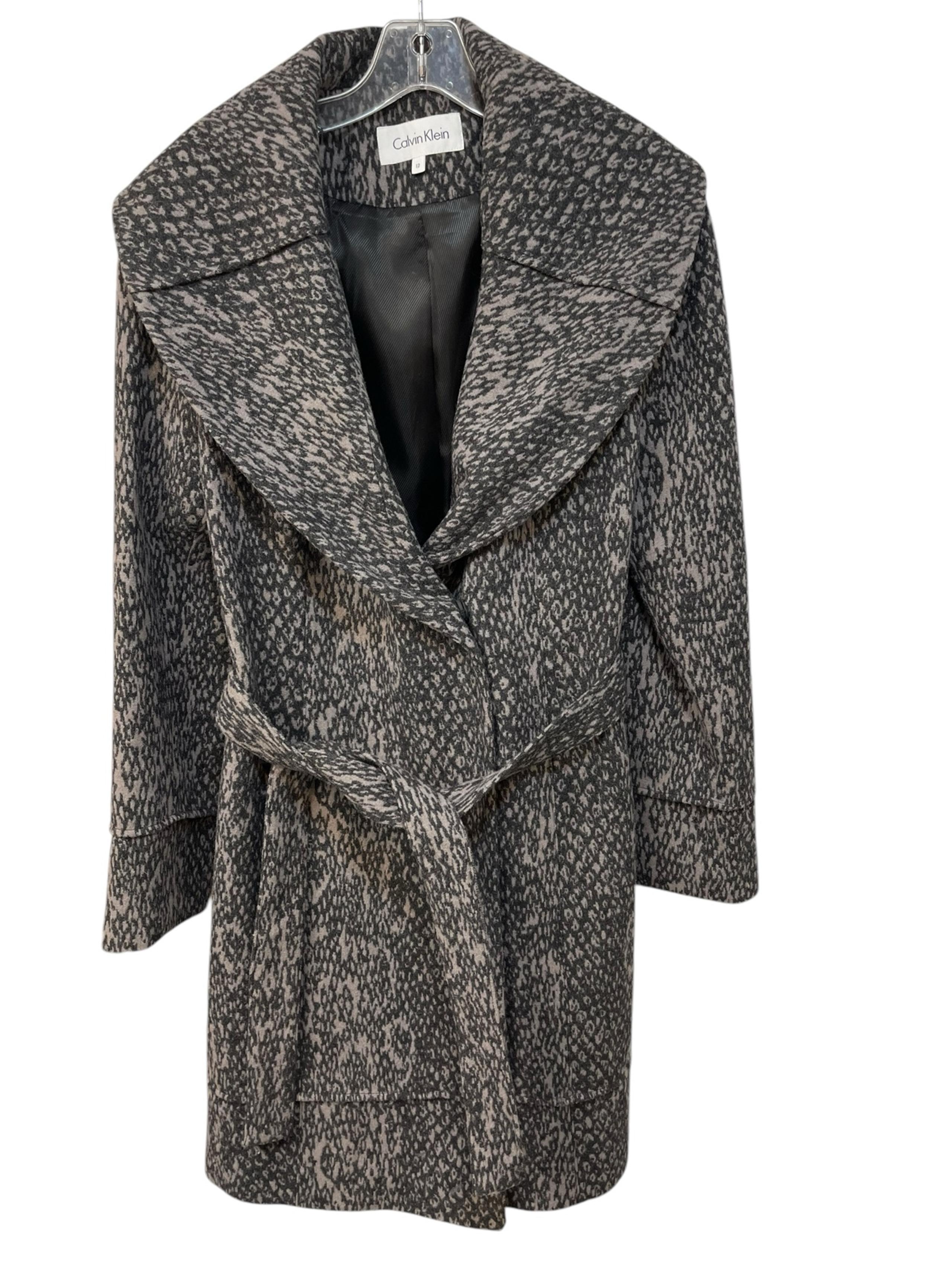 Calvin Klein Wool Double Breasted Wrap Long Coat Snake Print Women’s Size 12
