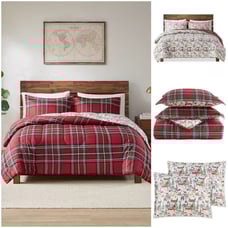 MACY'S Home Holiday Village 3-Pc. FULL/QUEEN Comforter Set Red Plaid Bedding