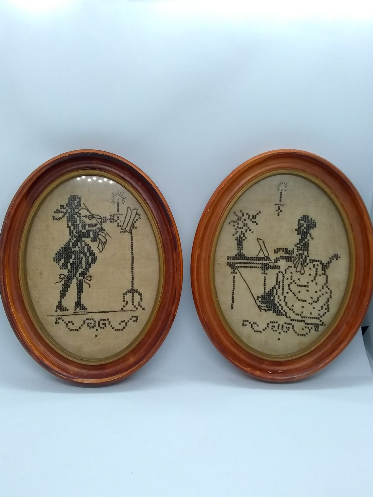 Vintage/ Anitque Victorian music themed framed cross stitch on burlap? material