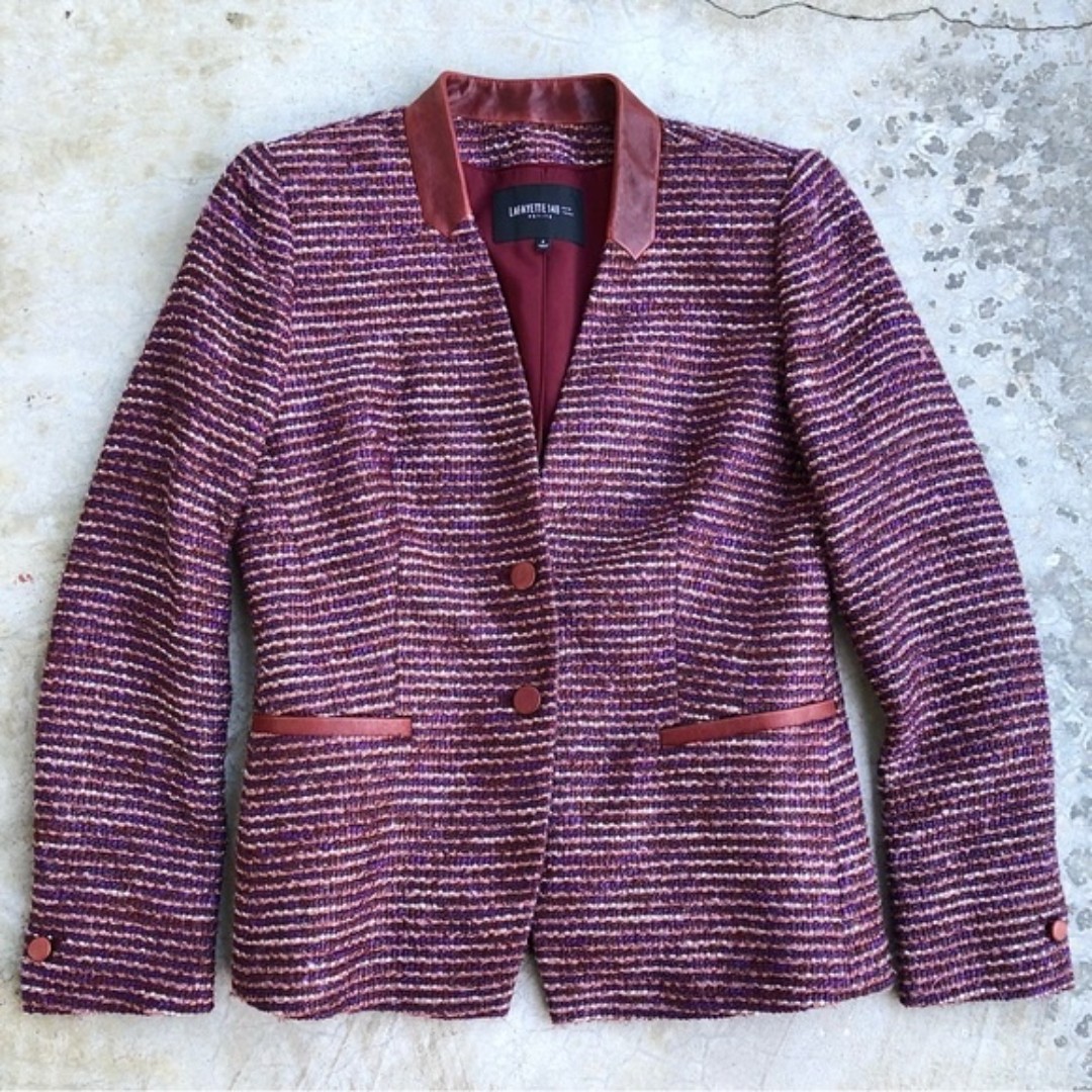 Lafayette 148 New York Tweed Leather Blazer Jacket Metallic Purple Mauve 4P