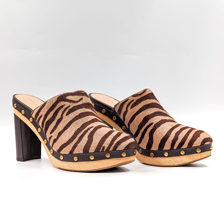 Veronica Beard Women Grita Calf Hair Clog Brown Leather Mules size 9.5