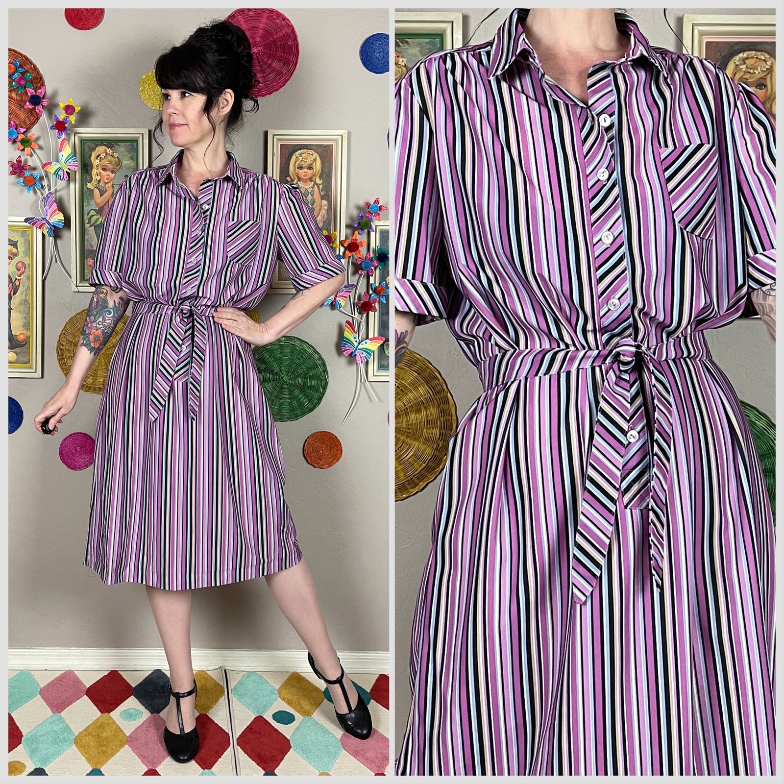 Vintage 1970s Lavender Striped Short Sleeve Belted Shift Dress
