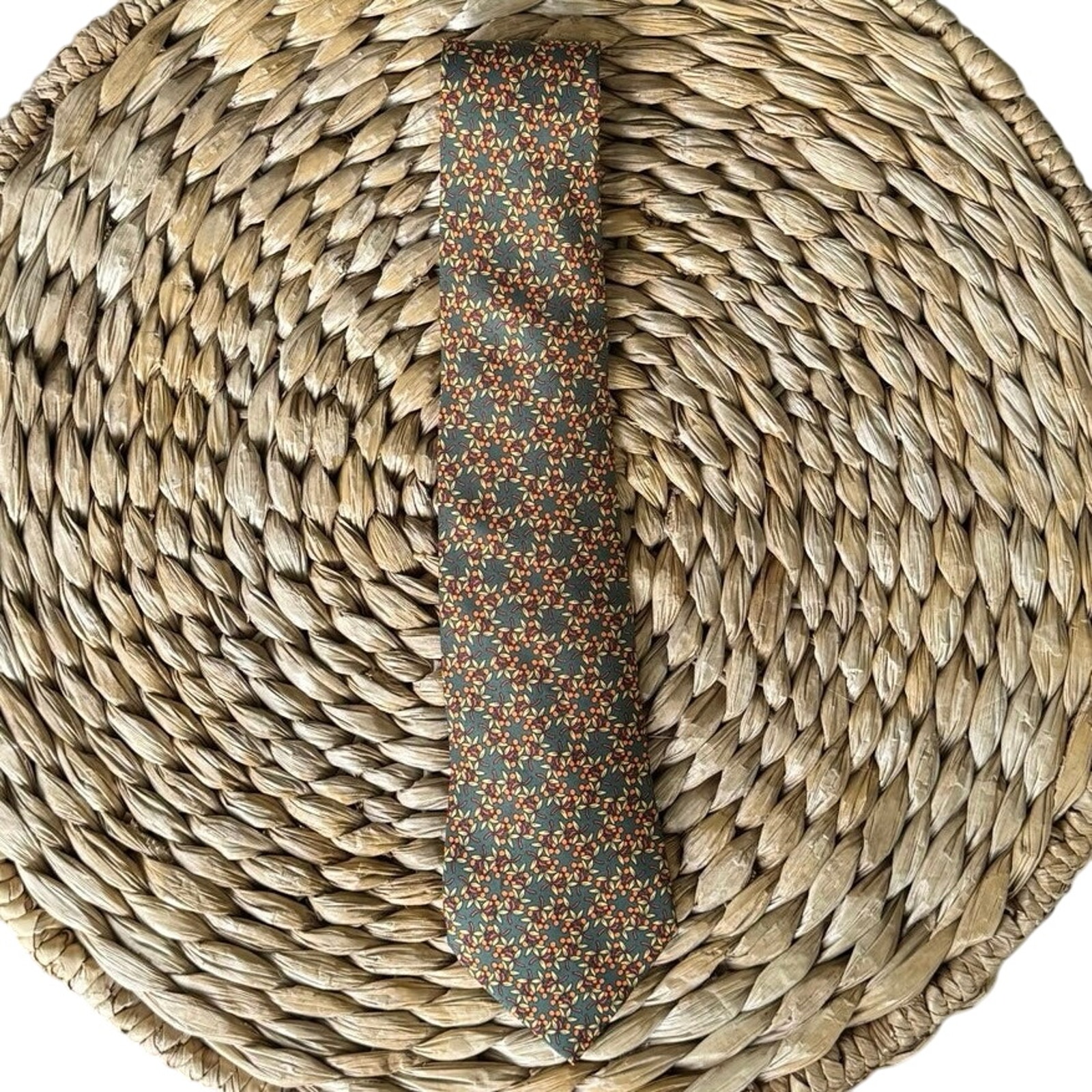 Hermes Paris Men’s Patterned Silk Tie Berries Green Orange Red Gold Currant