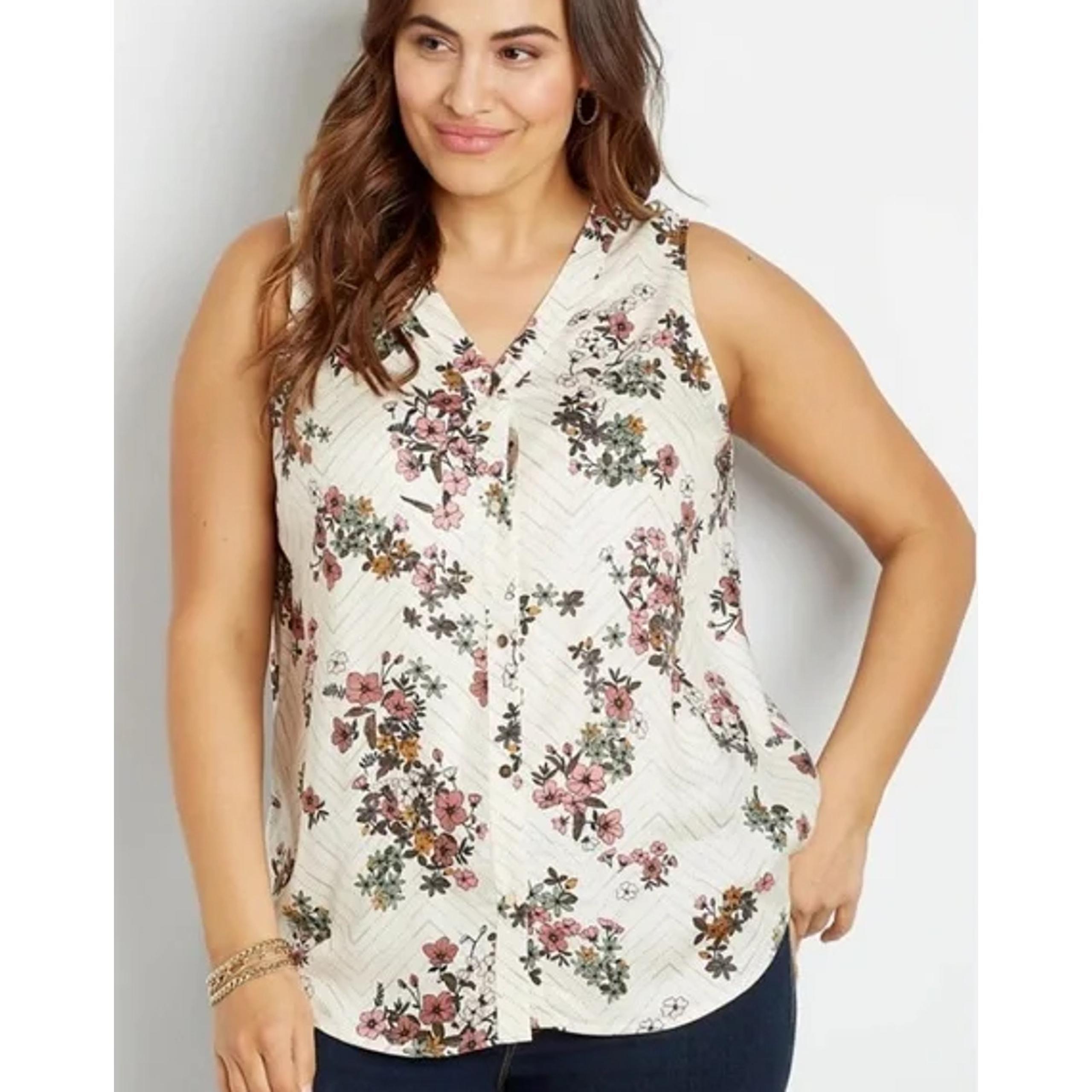 Maurices White Chevron Floral Flowy Relaxed Button Down Tank Top Womans Size 2X