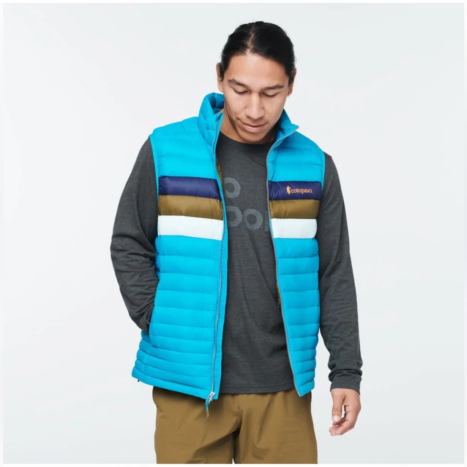 Cotopaxi Fuego Down Vest in Mineral Blue Stripes LARGE