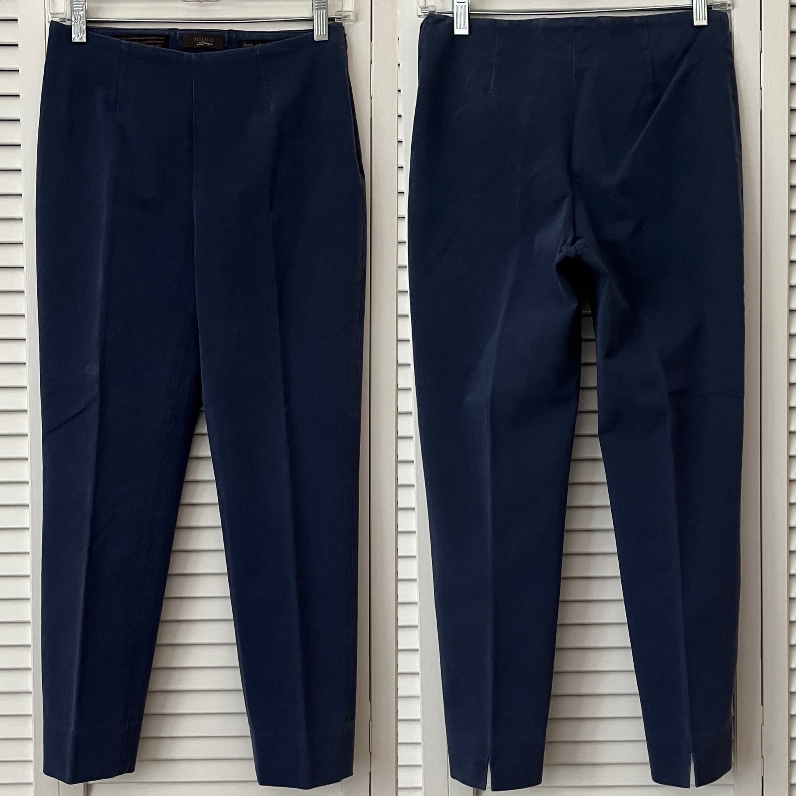 Peserico Sign navy blue classic fitted pants, size IT 40/US 4, cotton & spandex