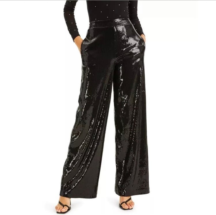 INC International Concepts Sequined Wide-Leg Pants Black Sz. L