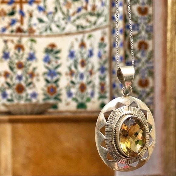 Handcrafted Large Lemon Topaz and Indian Silver Pendant