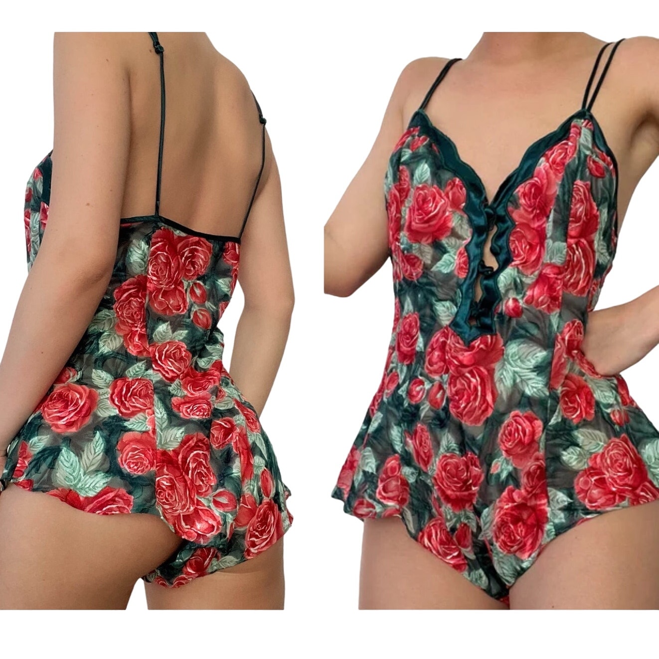 VTG 90s Victoria's Secret Teddy XS Rose Floral Satin Plunge Lingerie Feminine