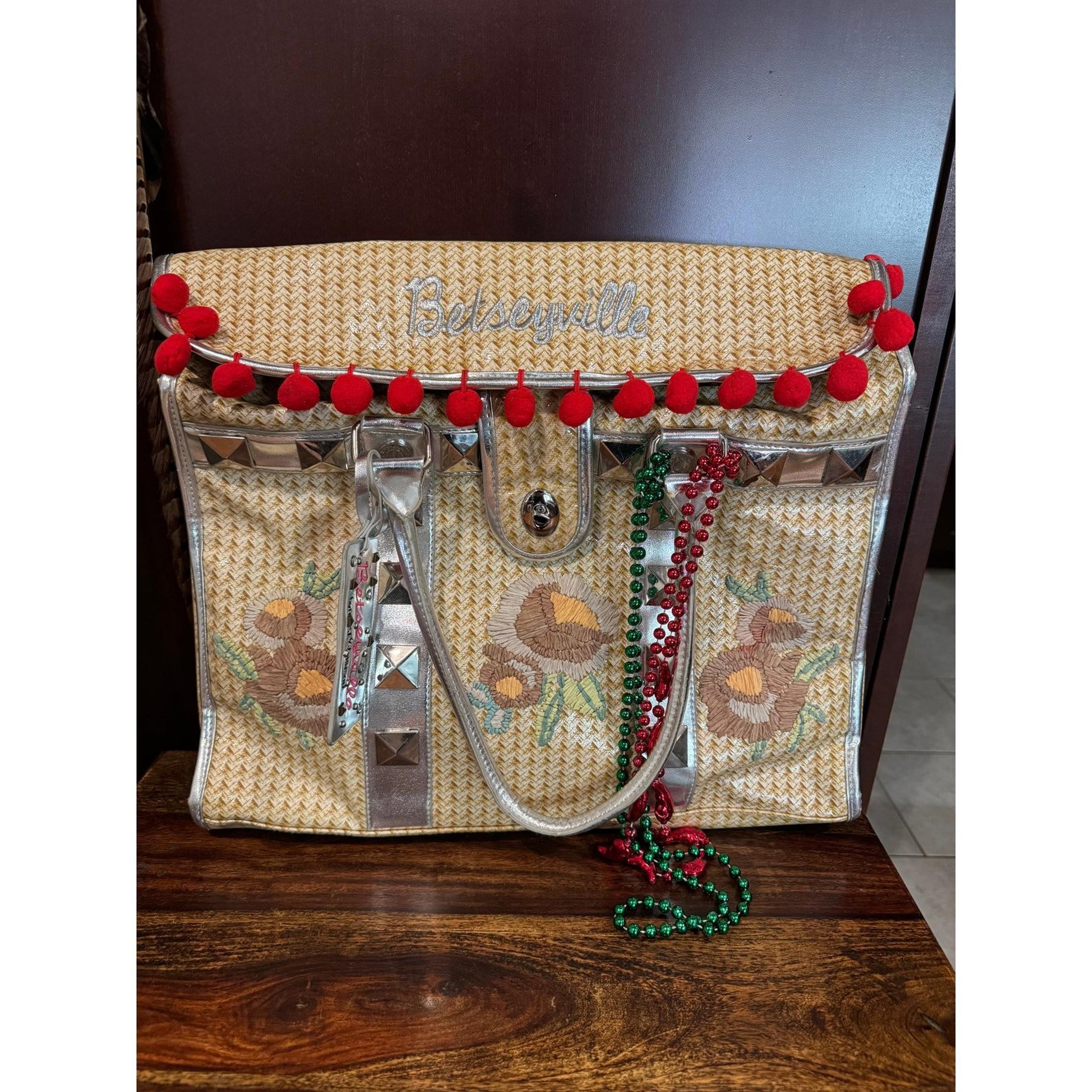 Betsey Johnson Betseyville Straw Tote Handbag Purse Large Embroidery Tassels