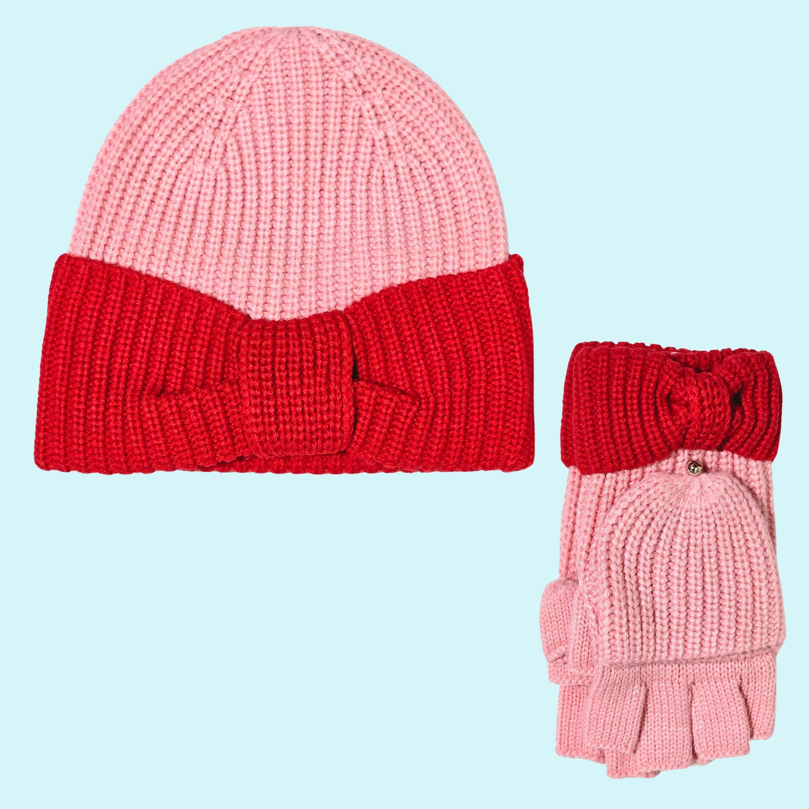 Kate Spade Hat & Gloves Set Pink Multi Wool Blend Bow Cuff Beanie Pop Top Gloves