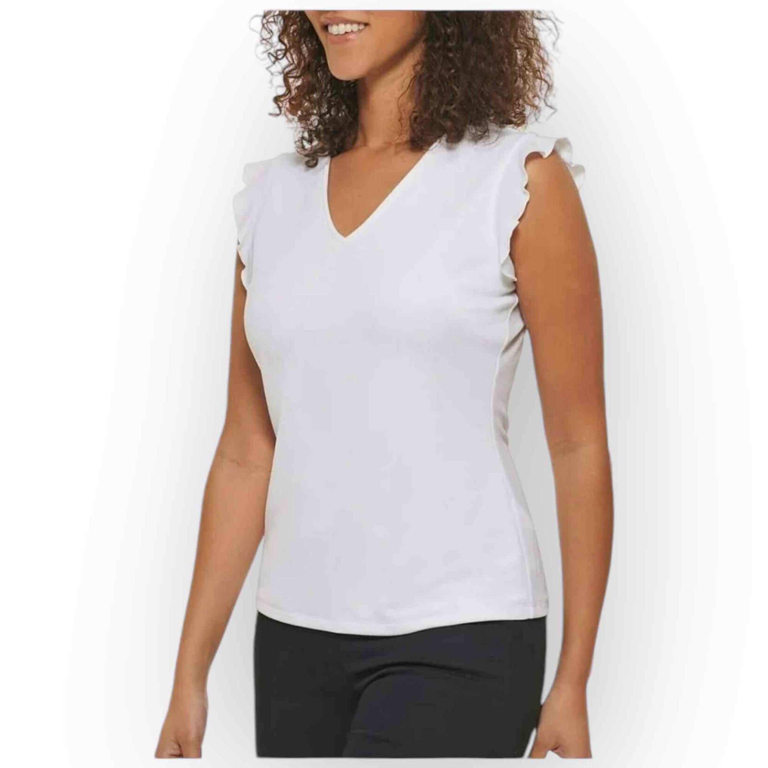 Andrew Marc Women’s Ruffle Sleeve V-Neck Blouse, Bright White, Size Small 347S