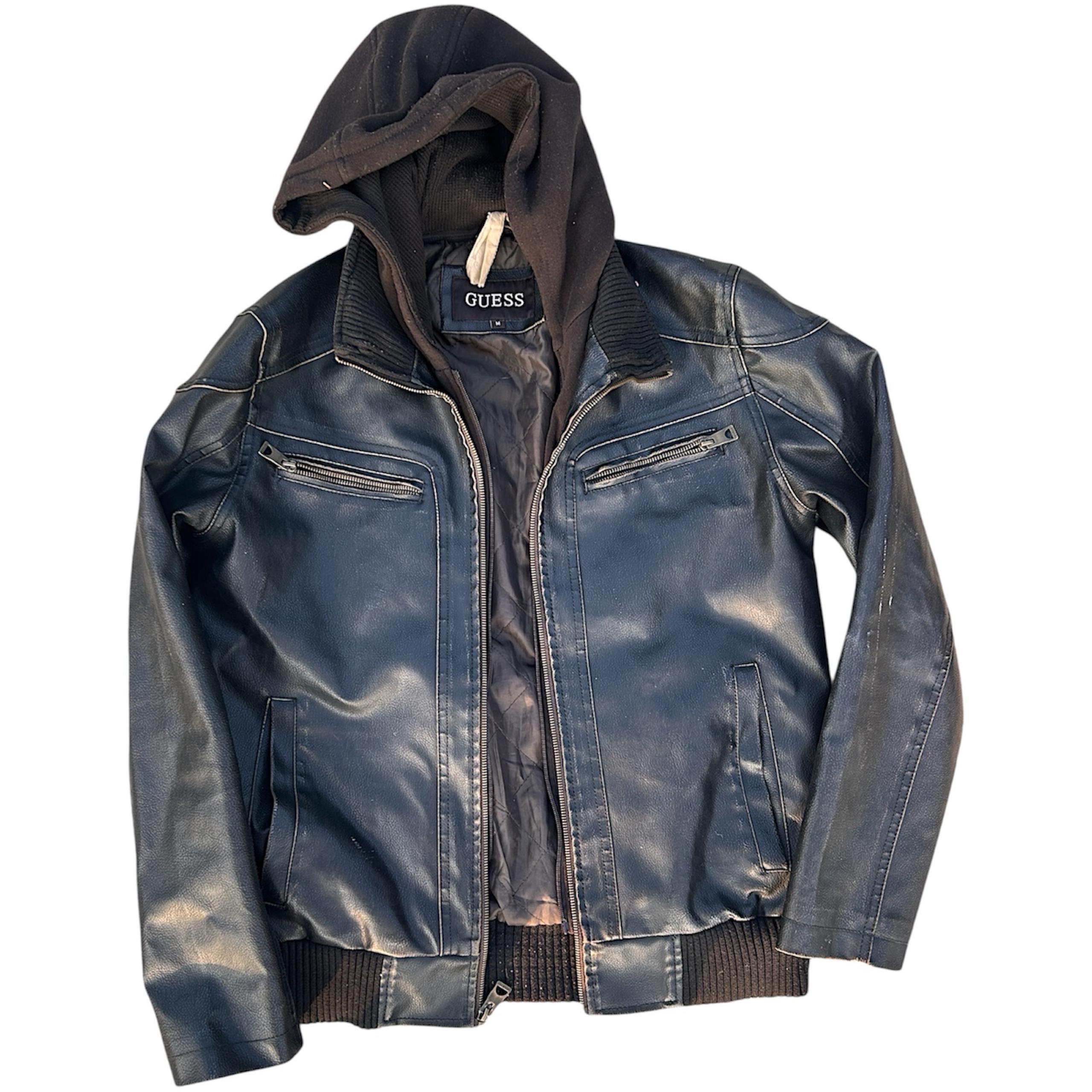 GUESS Vintage Black Faux Leather Motorcycle Jacket Mens Small M Zip-Out Hoodie