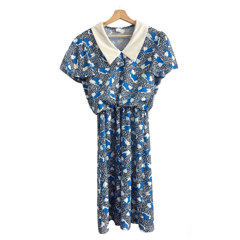VINTAGE LARGE 90's Blue Abstract Day Dress Midi Peter Pan Collar Short Sleeve