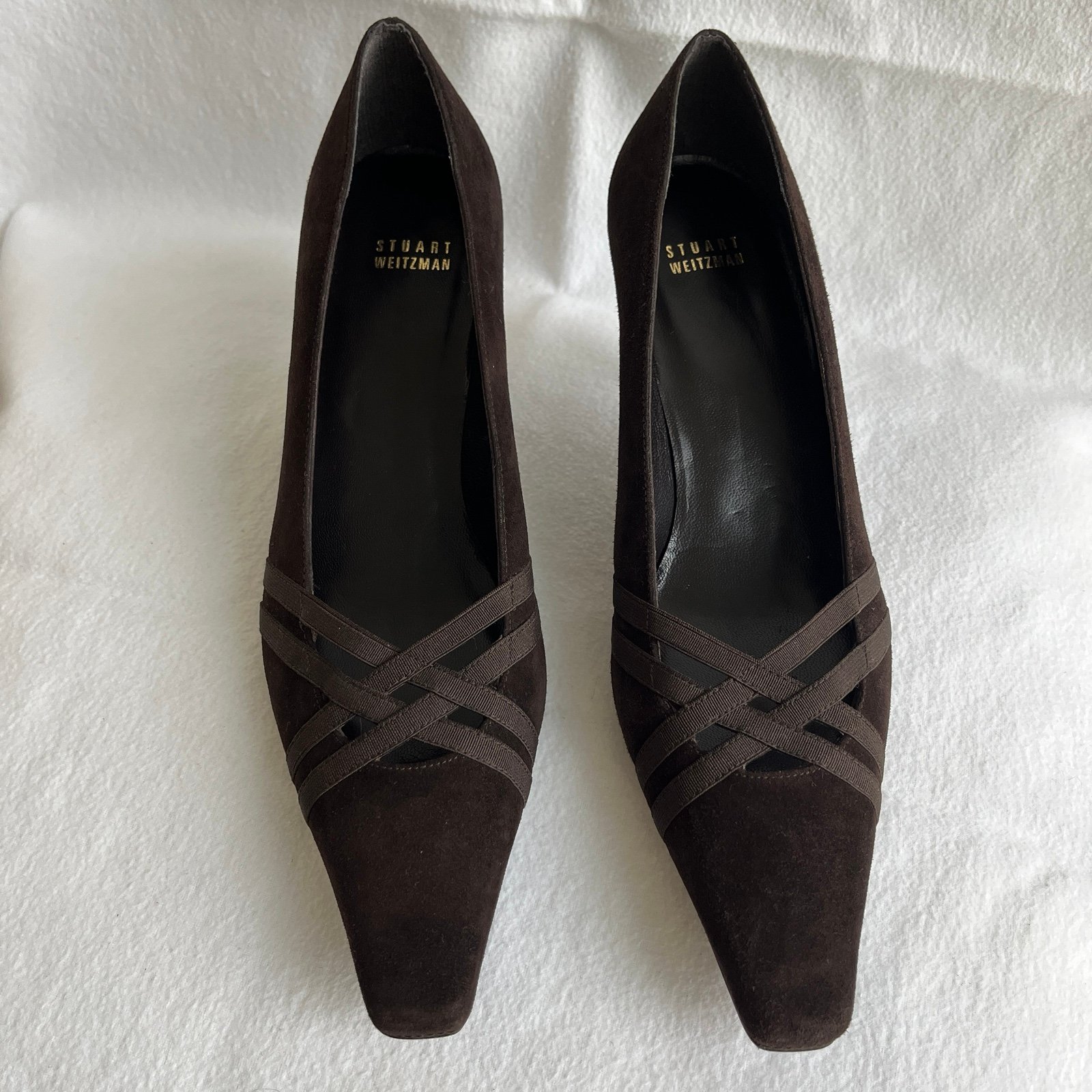 Stuart Weitzman brown genuine suede pumps criss cross detail, Size 10 M, NWOB