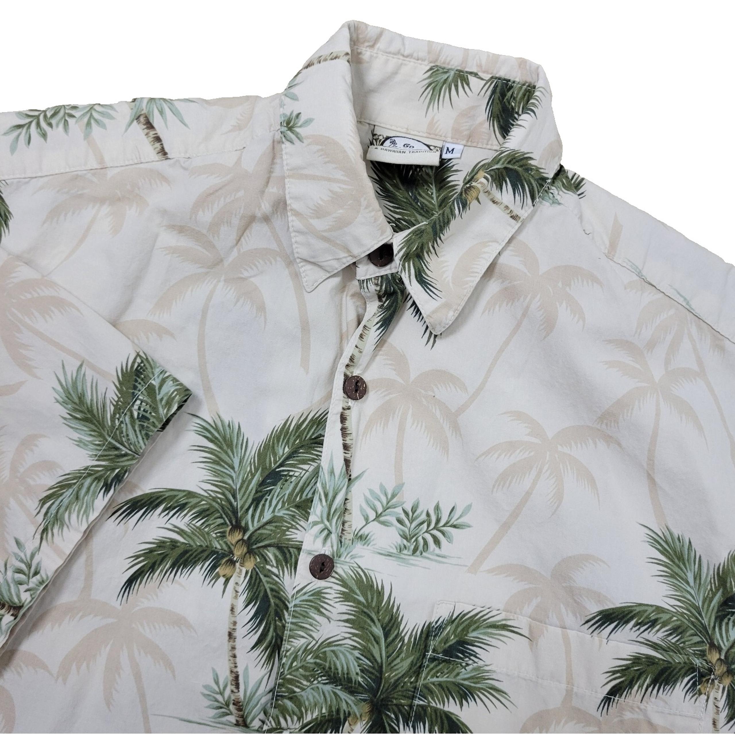 Go Barefoot Mens Medium Ivory All Over Floral Palm Tree Hawaiian Button Up