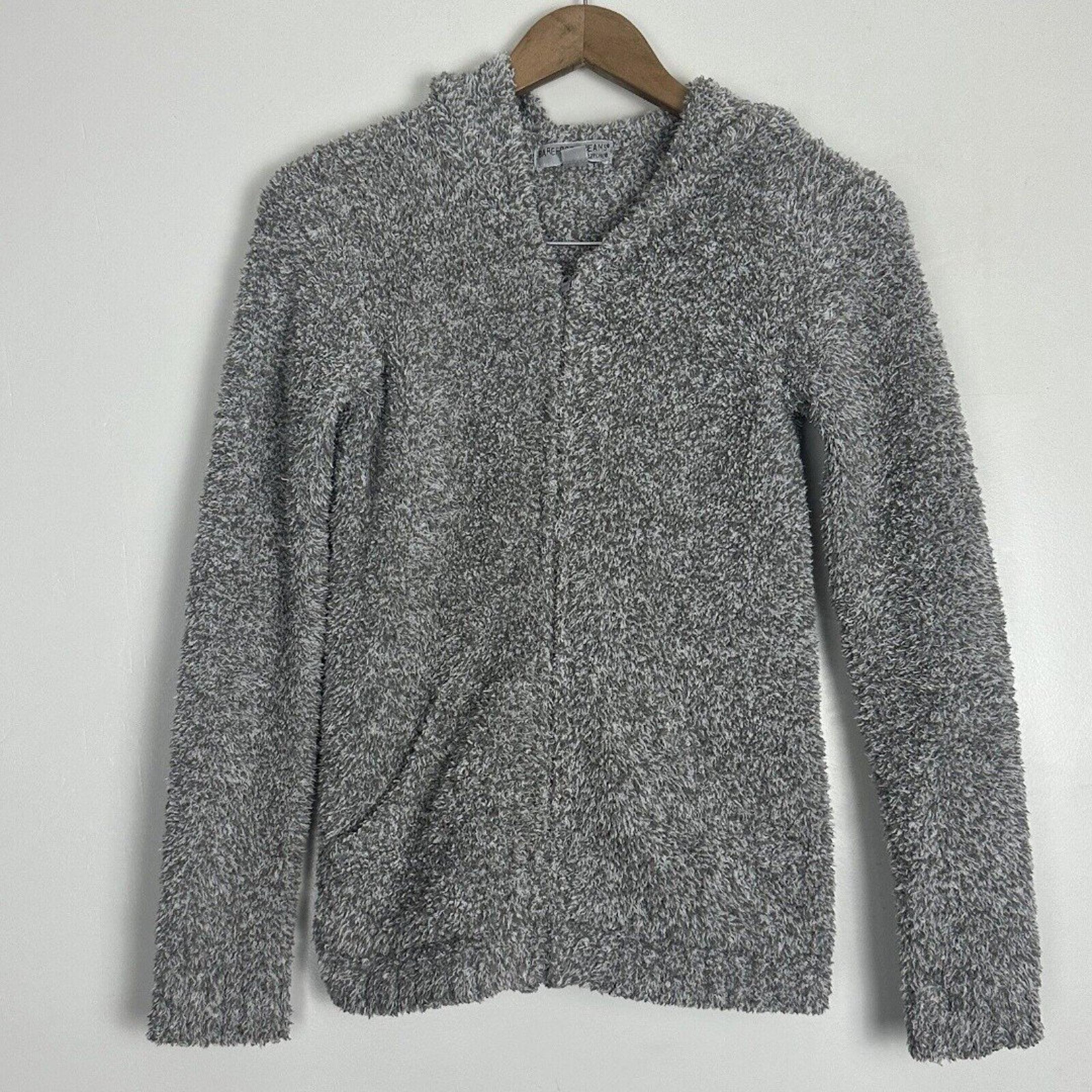 Barefoot Dreams S Cozy Cozychic Knit Zip Up Front Hoodie Jacket Fuzzy Soft Stone