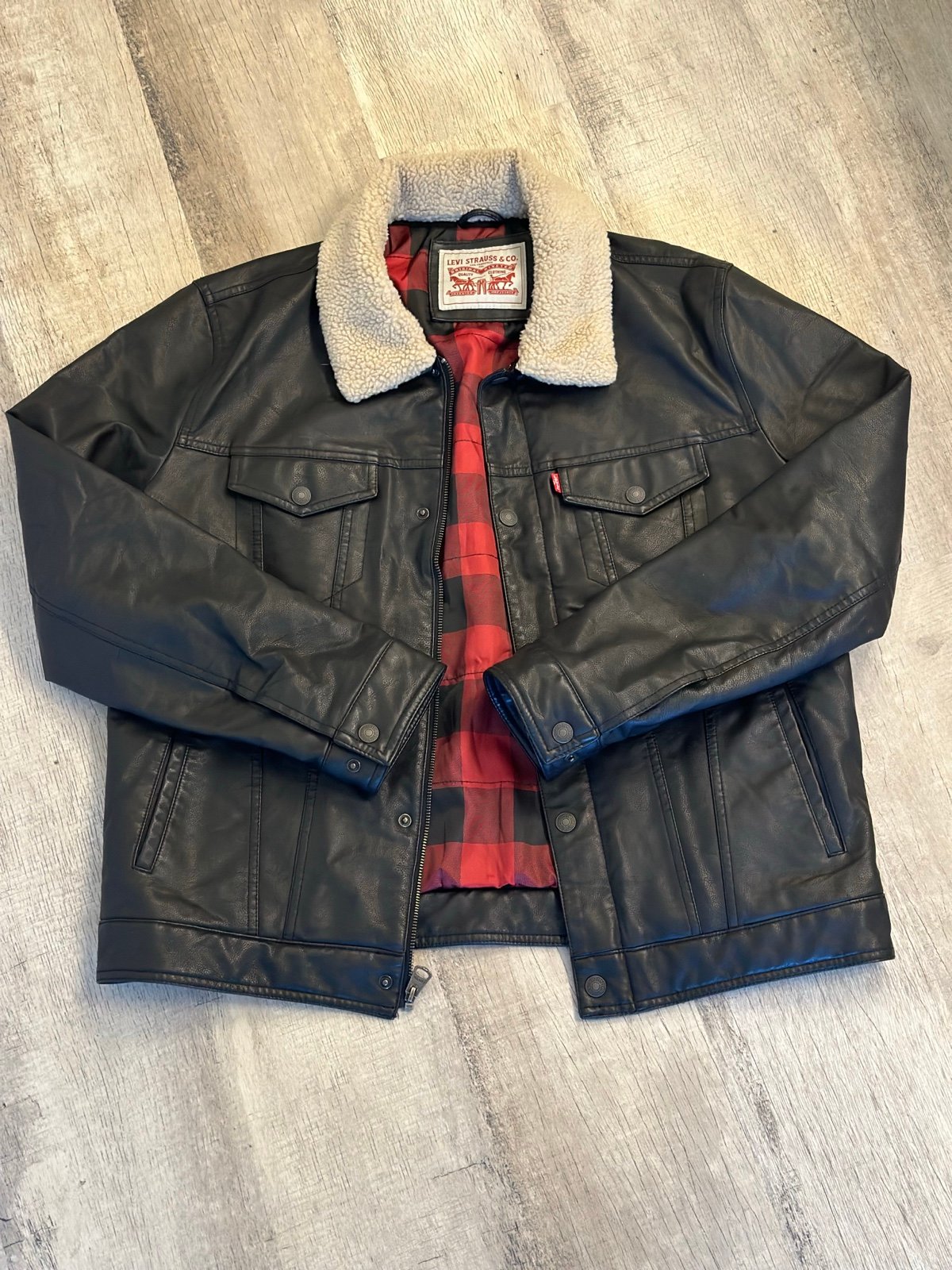 Levi's faux black leather jacket with sherpa collar and flannel lining