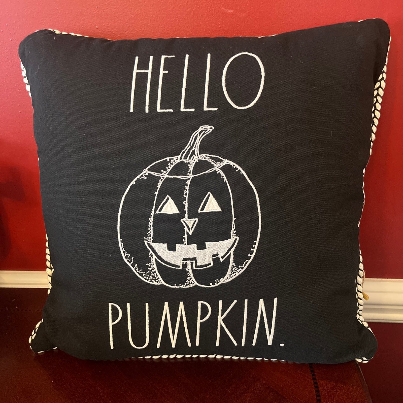 Rae Dunn Hello Pumpkin Jack O’Lantern Decorative Pillow 19”x19 -NEW