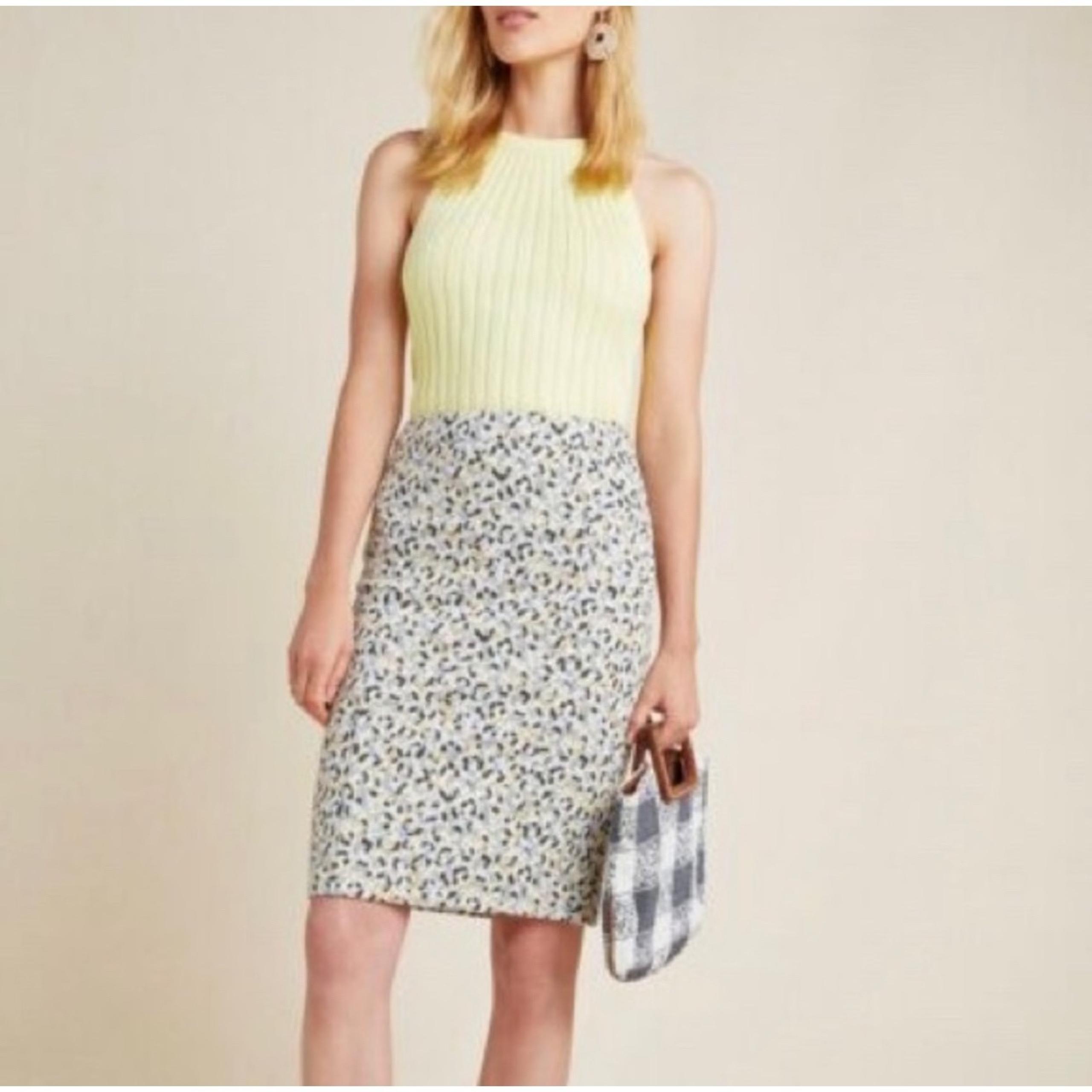 Maeve Anthropologie skirt XL white blue gold leopard knee cotton blend pencil