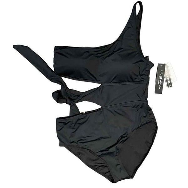 La Blanca Womens Black One Shoulder Cut Out Tie Detail Swimsuit Size 14