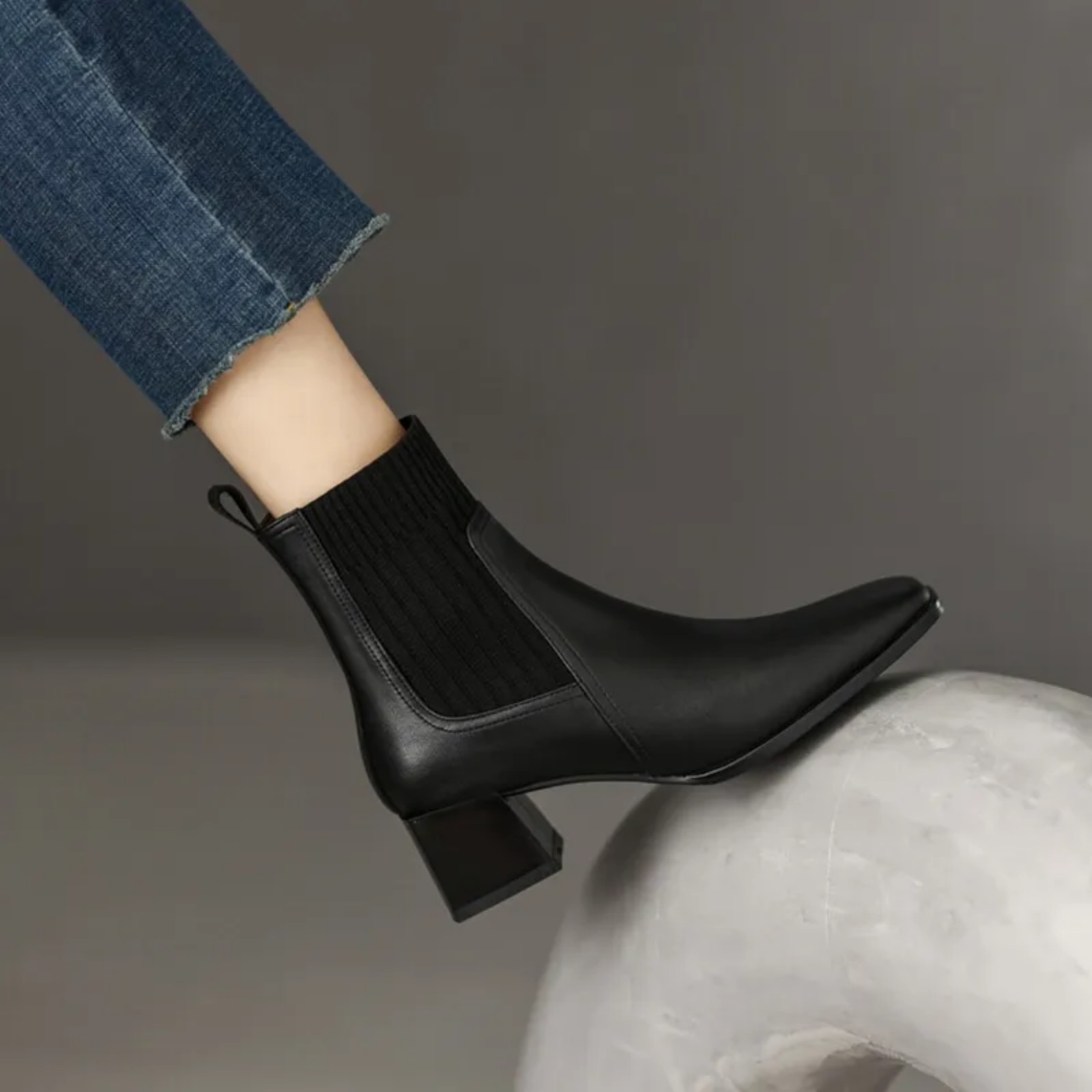 Women's Genuine Leather Square Toe Ankle Boots with Chunky Heel - Winter Knitted