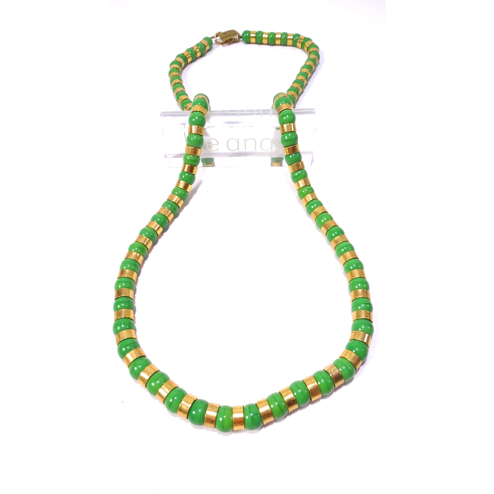 NWT Neiman Marcus Lee Angel Green Gold Glass Bead Spacer Long Necklace NWT 350