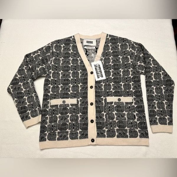 NWT EENK Quintessence Queta Wool Cardigan Black Ivory Geometric Knit One Size M