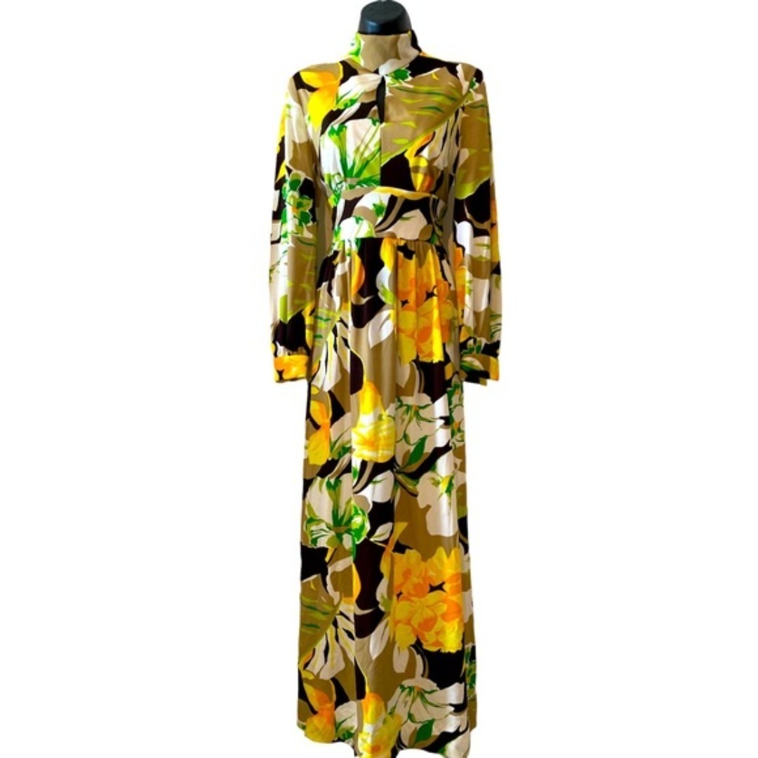 VTG 1970’s handmade women’s maxi dress hibiscus tropical floral print EUC size S