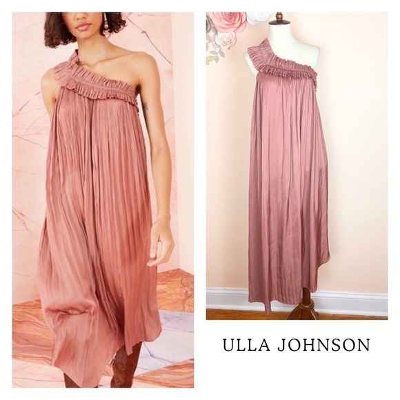 New! NWT ULLA JOHNSON Jade One Shoulder Ruffle Pleated Midi Dress MSRP: 495