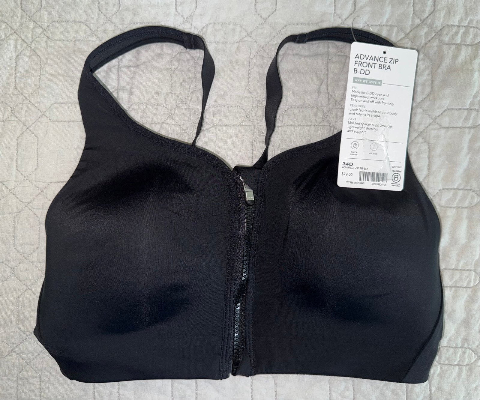 NWT Athleta Black Advance Zip Front Bra 34D