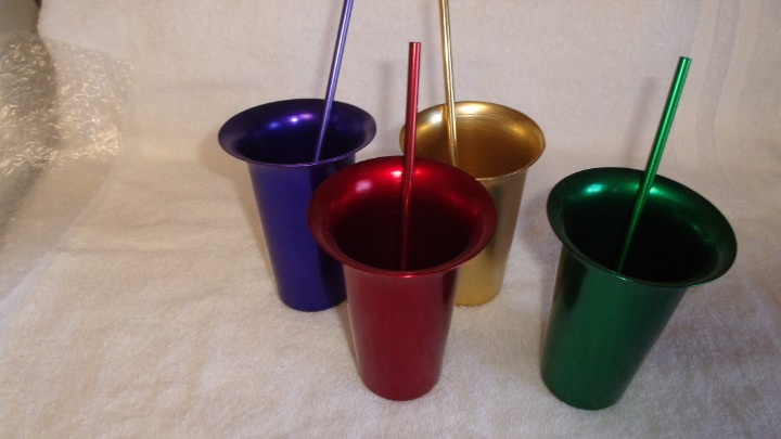 4 Anodized aluminum cups tumblers straws