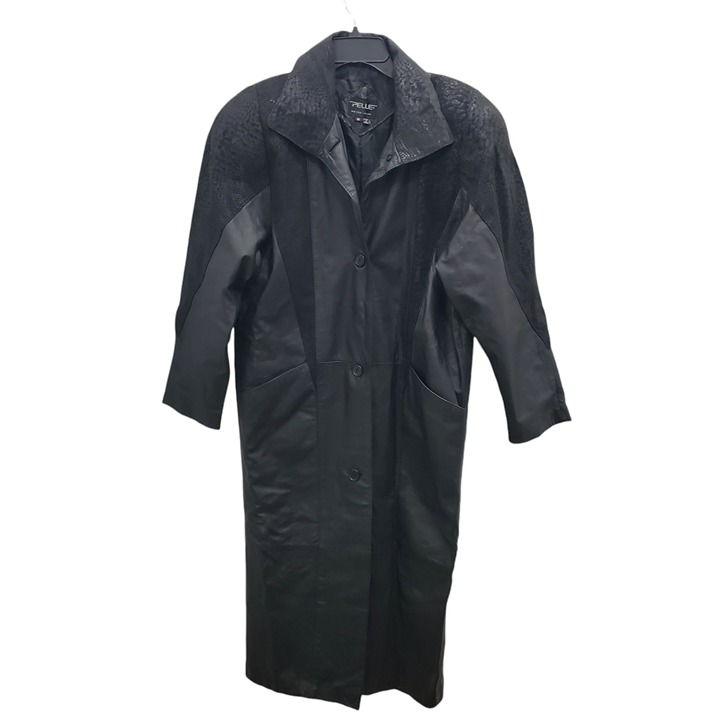 Pelle Women's Vintage 80s Black Leather Snakeskin Long Trench Coat Duster Size M