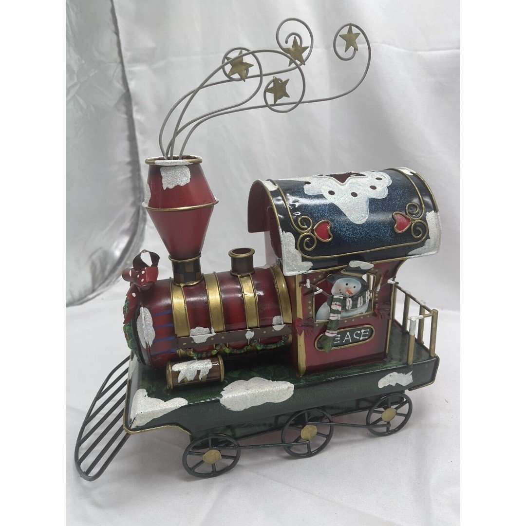Christmas Tin Santa Claus & Snowman in Train Engine Candle Holder Vintage X1449